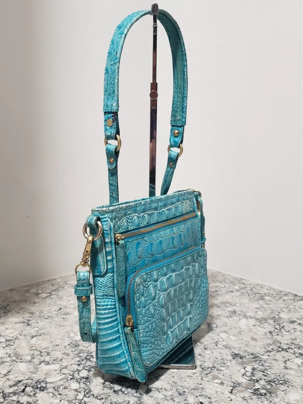 Brahmin Cleo Capri Turquoise Blue Leather Crossbody Bag